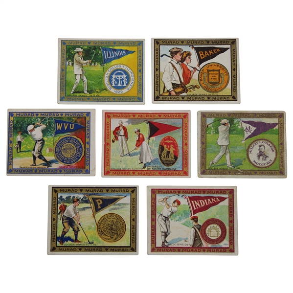 Seven (7) 1910 Murad Cigarettes College Series Golf Cards Incl. U of I, Indiana & More