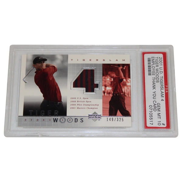 2001 Tiger Woods Upper Deck Tiger Slam Employee Only Bay Hill Inv Worn Red & Black Shirt Card 149/325 PSA GEM MT 10!
