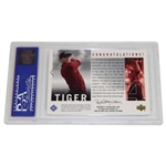 2001 Tiger Woods Upper Deck Tiger Slam Employee Only Bay Hill Inv Worn Red & Black Shirt Card 149/325 PSA GEM MT 10!