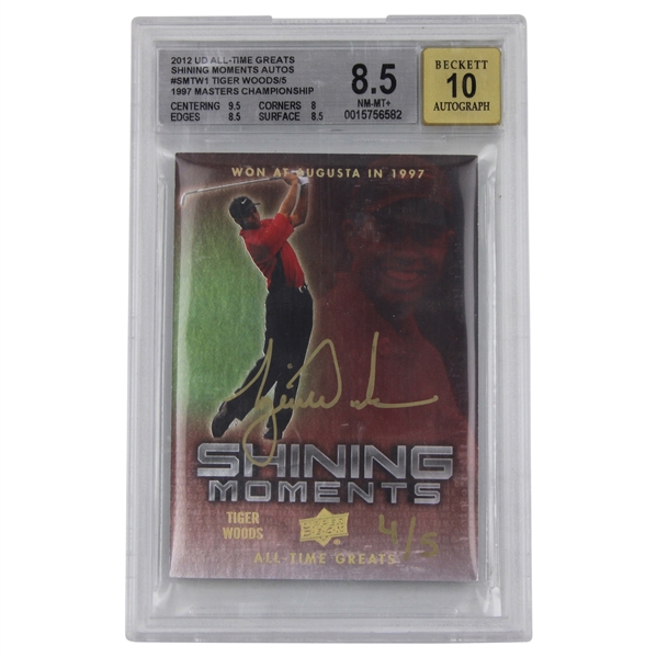 Tiger Woods Signed 2012 UD All-Time Greats Shining Moments Ltd Ed #4/5 1997 Masters Card BAS 8.5 AUTO 10