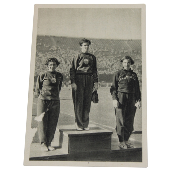 1932 Olympics Swedish Card with Mildred Diedrikson (Babe Zaharias) Atop the Podium