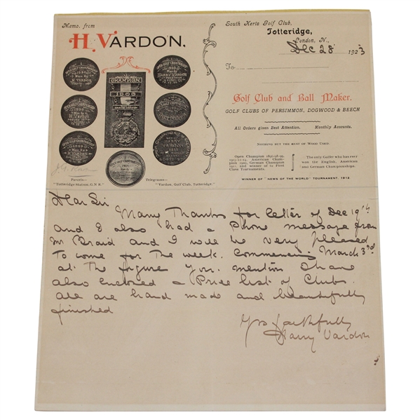 Harry Vardon Signed 1923 Handwritten Message on Personal Letterhead JSA ALOA