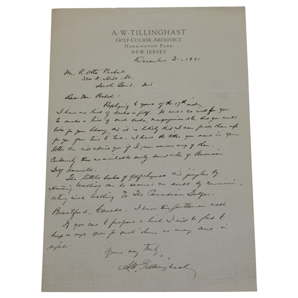 A.W. Tillinghast 1931 Signed Handwritten Letter on Letterhead to Colonel Otto Probst - Dec 31st JSA ALOA