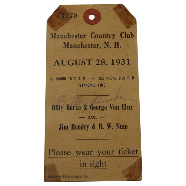 Billy Burke Signed 1931 Burke & Von Elm Vs Hendry & Nute at Manchester CC Ticket JSA ALOA