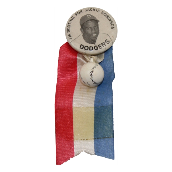 c.1947 "Im Rooting For Jackie Robinson" Dodgers Rookie Pinback w/Ribbon