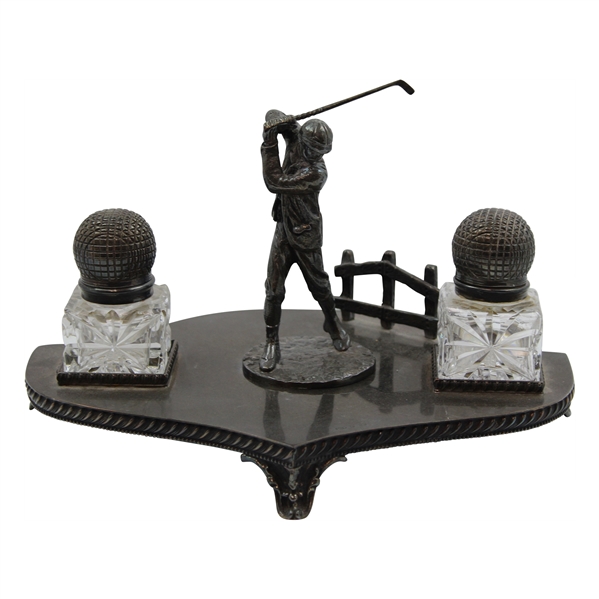 c.1930 Golfer Crystal Inkwell w/ Double Gutta Ball Display