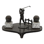 c.1930 Golfer Crystal Inkwell w/ Double Gutta Ball Display