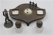 c.1930 Golfer Crystal Inkwell w/ Double Gutta Ball Display