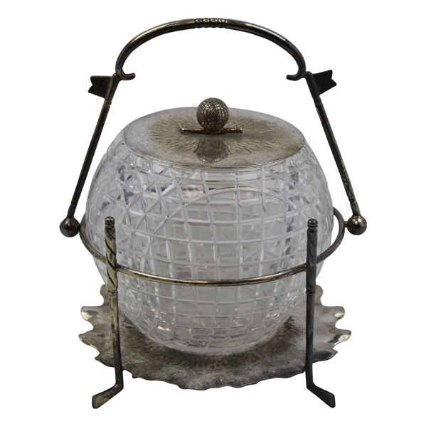 C. 1900 Large Plated Biscuit Barrel With Gutty Ball And Golf Club Handle