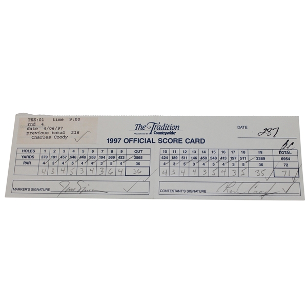 Defending Champ Jack Nicklaus & Charles Coody Signed 1997 The Tradition Official Scorecard PSA/DNA #S00080