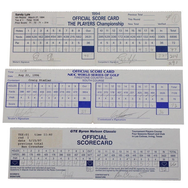 Stadler, Els, Lyle, Crenshaw, Love III Signed NEC/Players/Nelson Official Scorecards PSA/DNA
