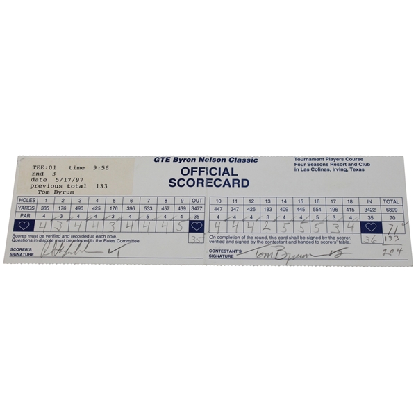 Phil Mickelson & Tom Byrum Signed 1997 Byron Nelson Classic Official Scorecard PSA/DNA #P85760