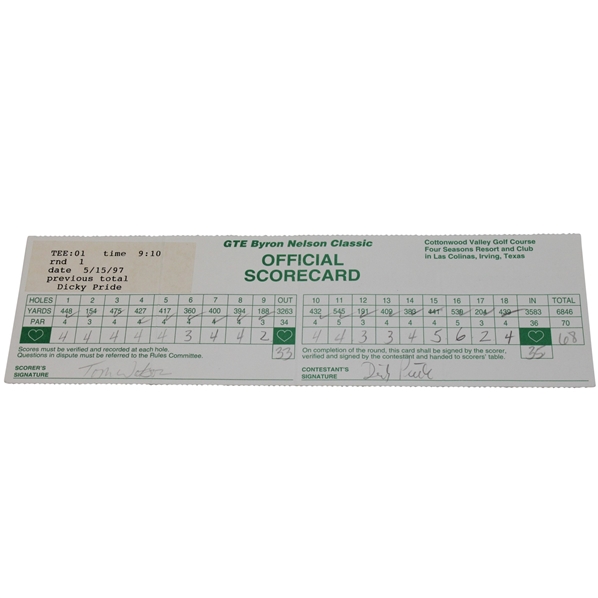 Tom Watson & Dicky Pride Signed 1997 Byron Nelson Classic Official Scorecard PSA/DNA #P85733