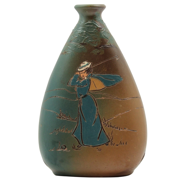 Weller Dickensware Vase with Woman Golfer in Blue Dress and Cape