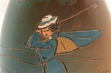 Weller Dickensware Vase with Woman Golfer in Blue Dress and Cape