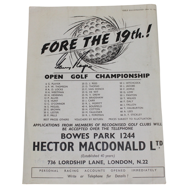Gary Player Signed 1959 The Open Championship Betting Sheet/Page JSA ALOA