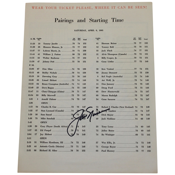 Jack Nicklaus Signed 1963 Masters Tournament Saturday Pairing Sheet JSA ALOA