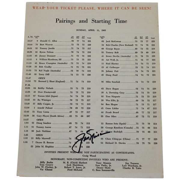 Jack Nicklaus Signed 1965 Masters Tournament Sunday Pairing Sheet JSA ALOA