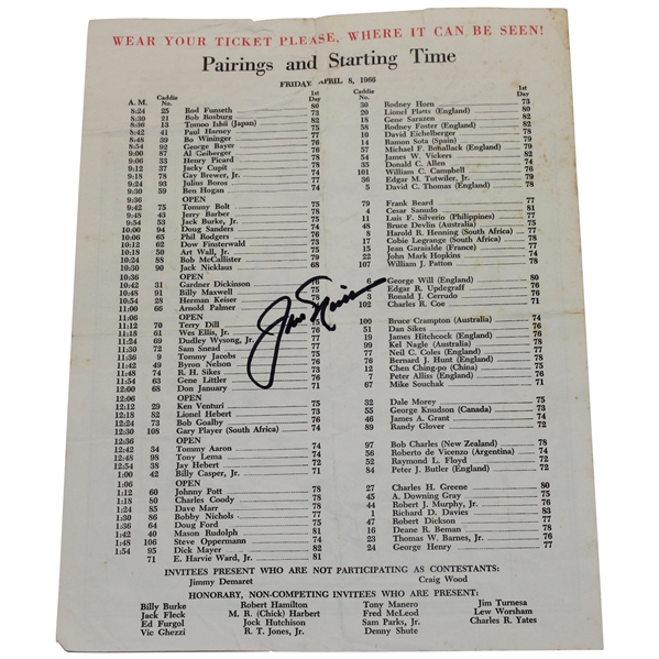 Jack Nicklaus Signed 1966 Masters Tournament Friday Pairing Sheet JSA ALOA