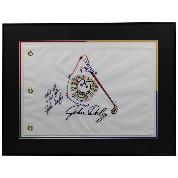 John Daly Signed John Daly Lion Flag w/"Grip It And Rip It - Framed JSA ALOA