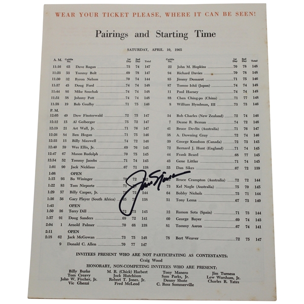 Jack Nicklaus Signed 1965 Masters Tournament Saturday Pairing Sheet JSA ALOA