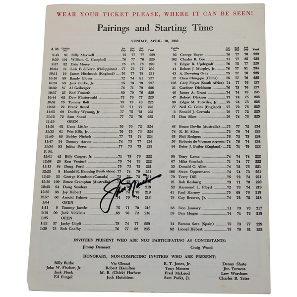 Jack Nicklaus Signed 1966 Masters Tournament Sunday Pairing Sheet JSA ALOA