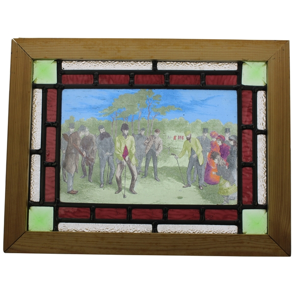 c.Early 1900s Victorian Stained Leaded Glass Golf Match On Blackheath Panel - Framed