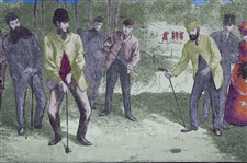 c.Early 1900's Victorian Stained Leaded Glass 'Golf Match On Blackheath' Panel - Framed