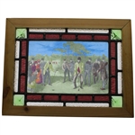 c.Early 1900's Victorian Stained Leaded Glass 'Golf Match On Blackheath' Panel - Framed