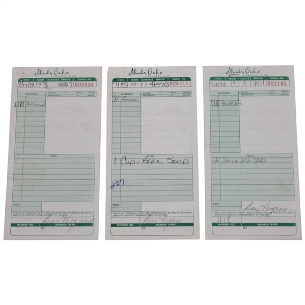 Three (3) Ben Hogan Signed Shady Oaks Country Club Receipts JSA ALOA