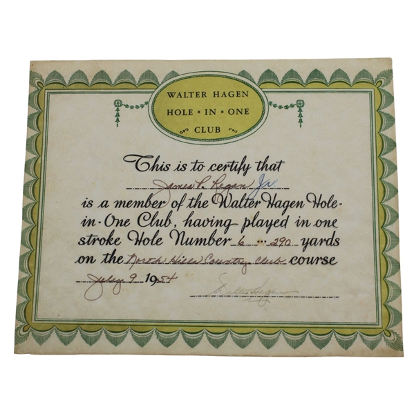 Walter Hagen Signed 1954 Hole-in-One Club Certificate JSA ALOA