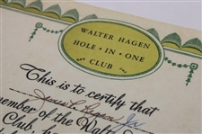 Walter Hagen Signed 1954 Hole-in-One Club Certificate JSA ALOA