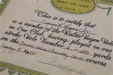 Walter Hagen Signed 1954 Hole-in-One Club Certificate JSA ALOA