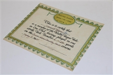 Walter Hagen Signed 1954 Hole-in-One Club Certificate JSA ALOA