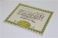 Walter Hagen Signed 1954 Hole-in-One Club Certificate JSA ALOA