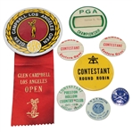 Eight (8) Various Contestant Ribbons & Badges inc. PGA Championship, Glen Campbell Open & more