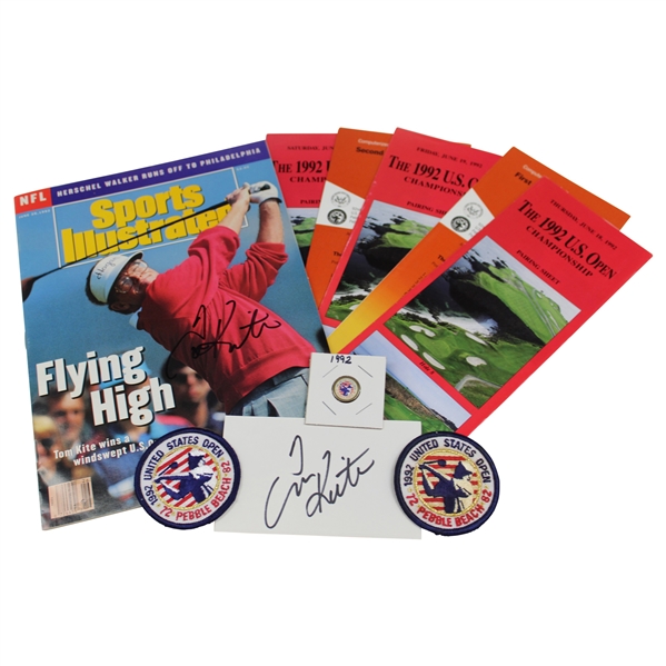 Tom Kite Signed 1992 Sports Illustrated & 3x5 Card w/Pairing Sheets, Ball Marker & Patches JSA ALOA