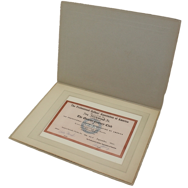 Joe Kirkwoods 1962 PGA of America Quarter Century Club Certificate 