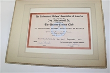 Joe Kirkwood's 1962 PGA of America Quarter Century Club Certificate 