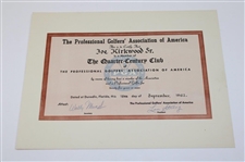 Joe Kirkwood's 1962 PGA of America Quarter Century Club Certificate 