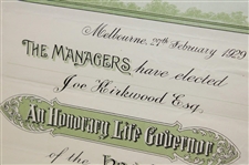 1929 Joe Kirkwood Elected Alfred Hospital Honorary Life Governor Certificate - Melbourne