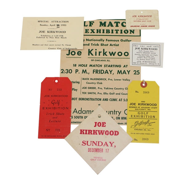Four (4) c.1950s Joe Kirkwood Exhibition Advertisement Pieces, Two (2) Tickets To Various Events & Tag 