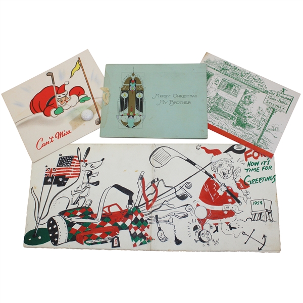 Four (4) Joe Kirkwood Golf Christmas Cards Incl. Original Artwork