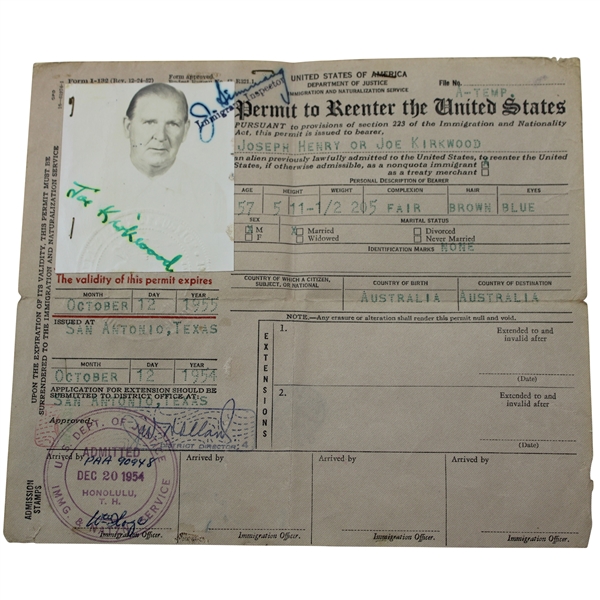 Joe Kirkwood Srs Signed 1955 Permit To Reenter The United States w/ Photo