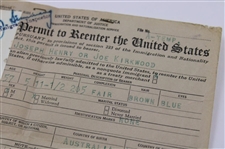 Joe Kirkwood Sr's Signed 1955 Permit To Reenter The United States w/ Photo