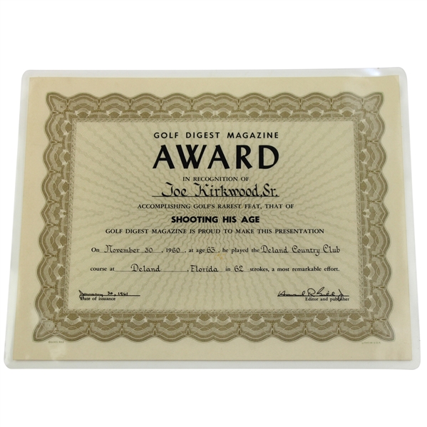 Joe Kirkwood Sr. 1961 Golf Digest Magazine Shooting His Age Award Certificate