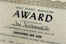 Joe Kirkwood Sr. 1961 Golf Digest Magazine Shooting His Age Award Certificate