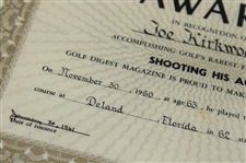 Joe Kirkwood Sr. 1961 Golf Digest Magazine Shooting His Age Award Certificate