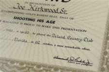 Joe Kirkwood Sr. 1961 Golf Digest Magazine Shooting His Age Award Certificate