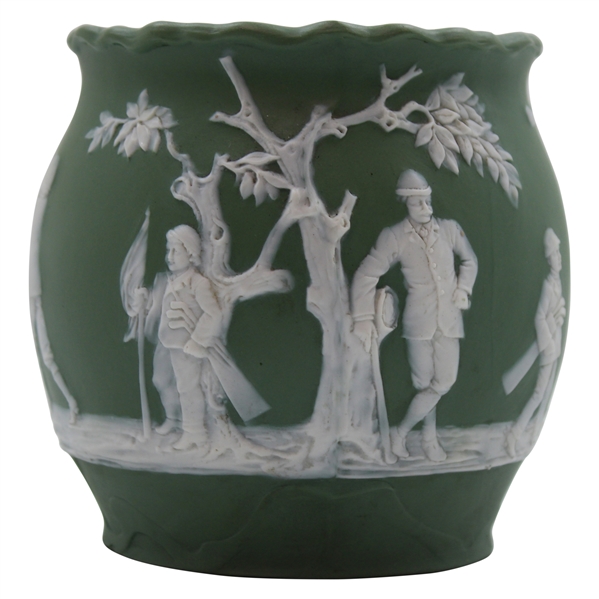 Ceramic Green Vase Featuring Golfer, Caddy & Swing Sequence w/Damaged Interior Rim